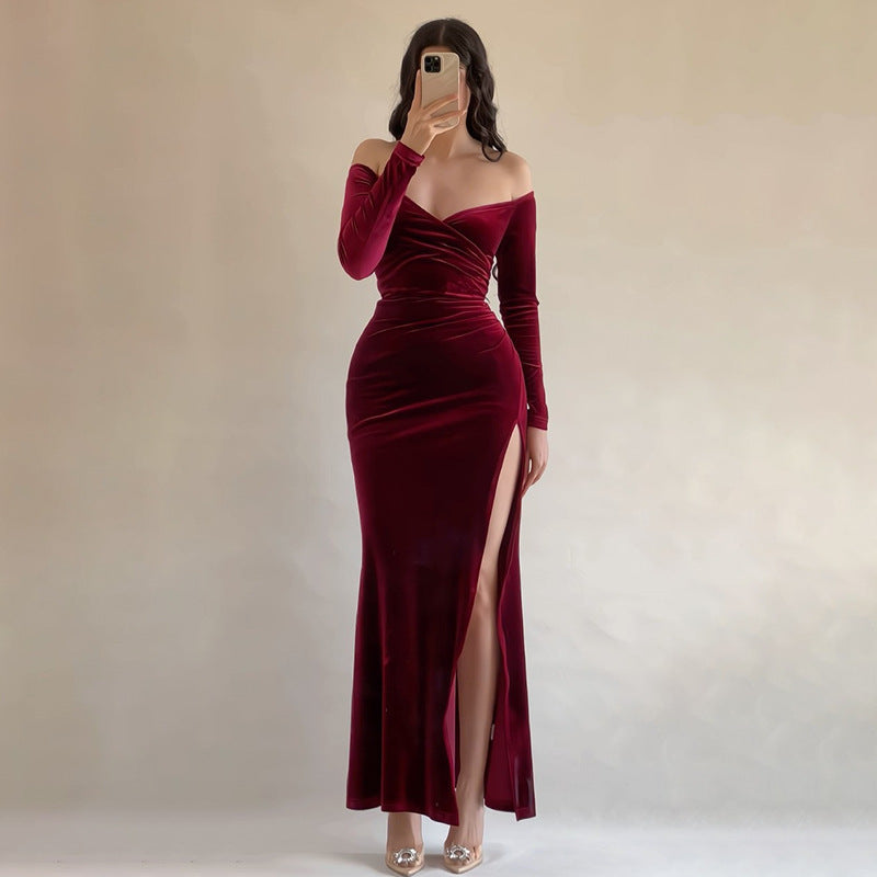 Women’s Long Dress – Velvet – Bodycon Fit – Off Shoulder – Crossover Bust – High Slit