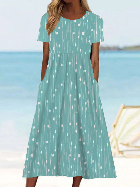 Women's Summer Midi Dress - Short Sleeve - Polka Dot Pattern