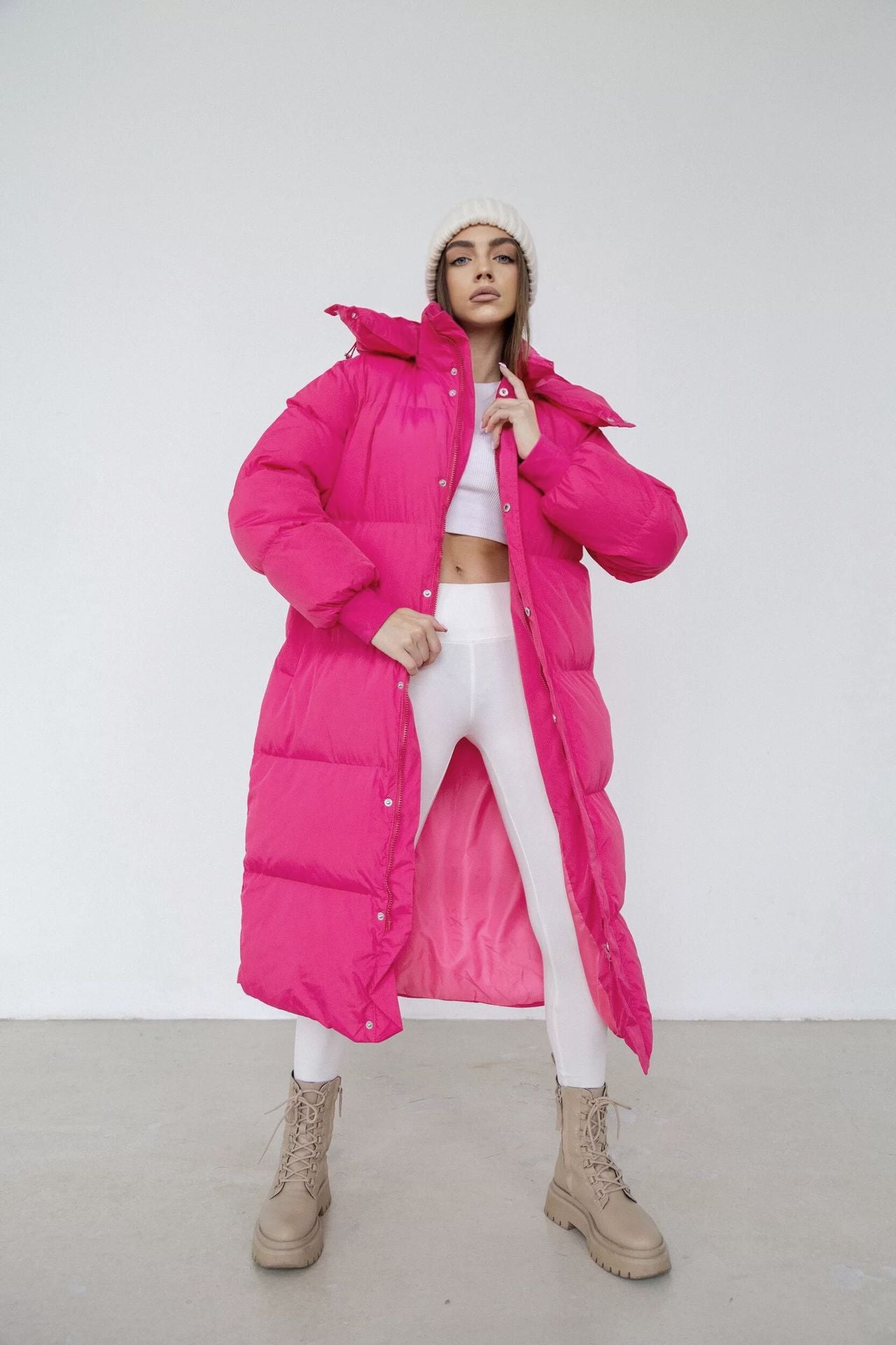 Women’s Long Puffer Trench Coat – Oversized Fit – Quilted Insulated – Hooded Zip Closure