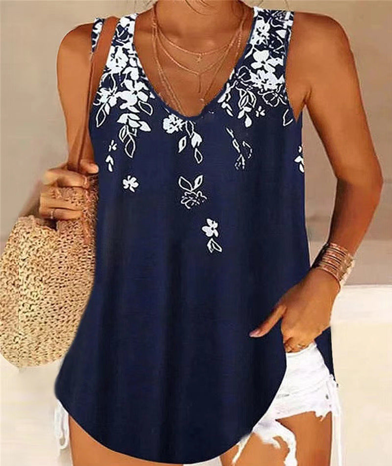 Women’s Tank Top – Relaxed Fit – V-Neck – Sleeveless – Floral Print – Breathable Blend