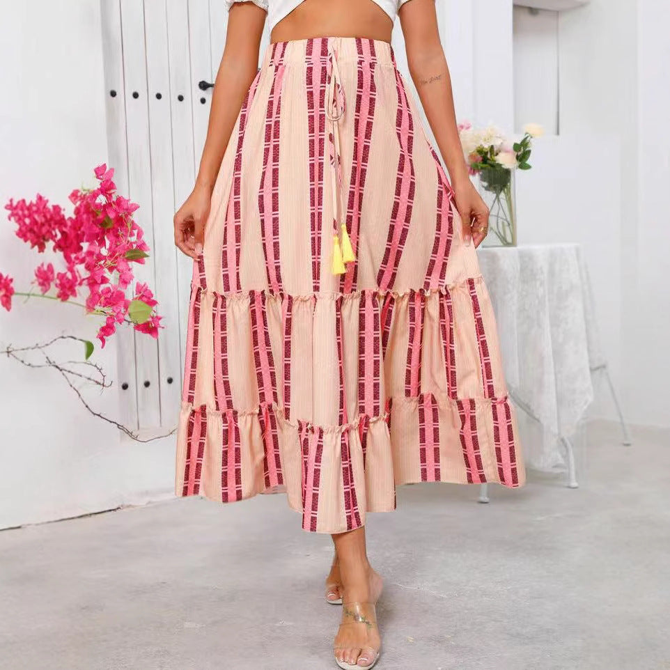 Women’s Maxi Skirt – Lightweight Cotton Blend – Tiered Boho Design – Drawstring Waist