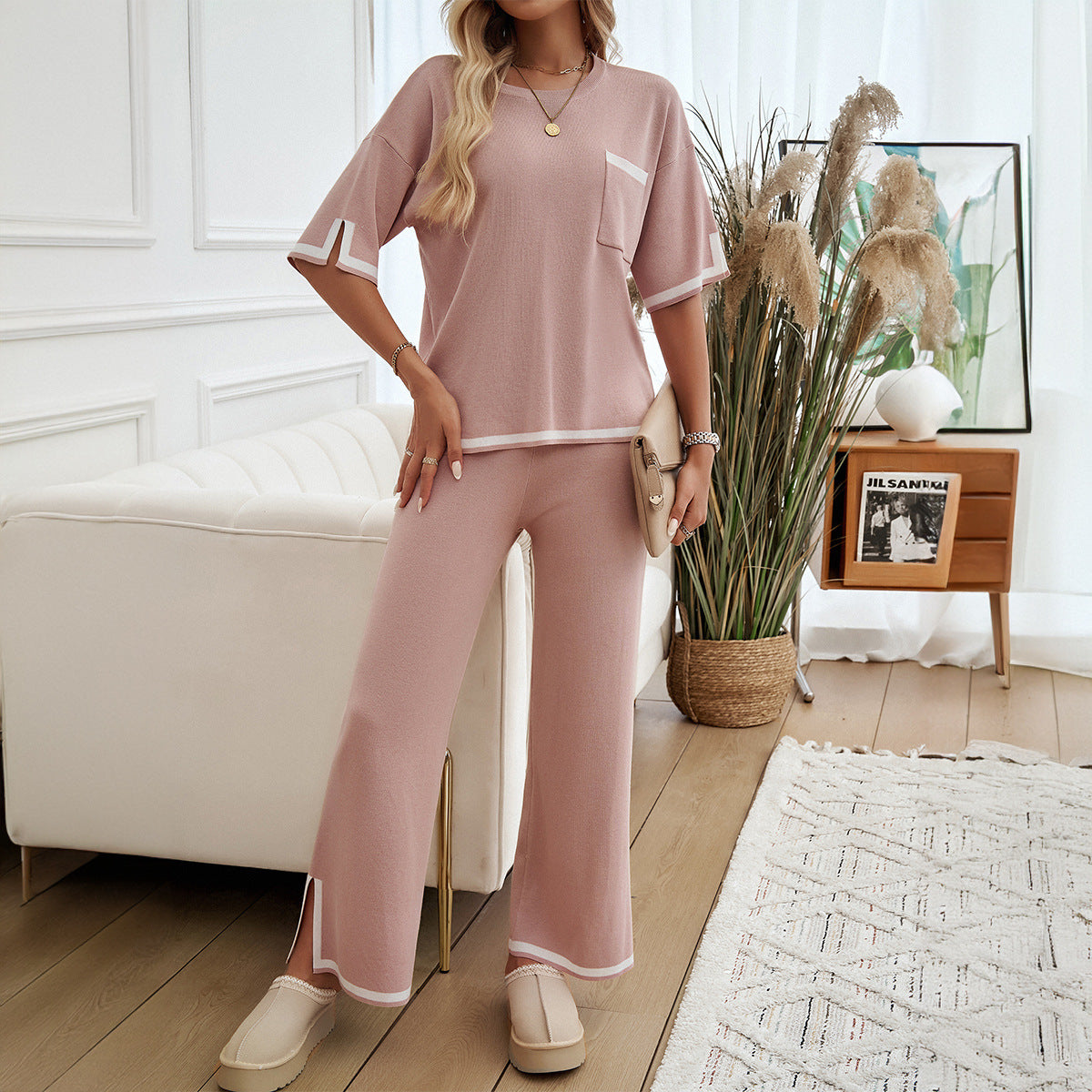 Women’s Lounge Set – Soft Knit – Relaxed Fit – Wide-Leg Pants – Contrast Trim