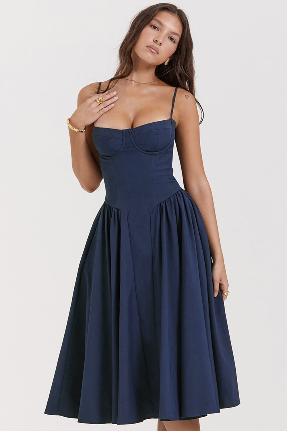 Women’s Midi Dress – Fitted Bodice – Spaghetti Straps – Pleated A-Line Skirt