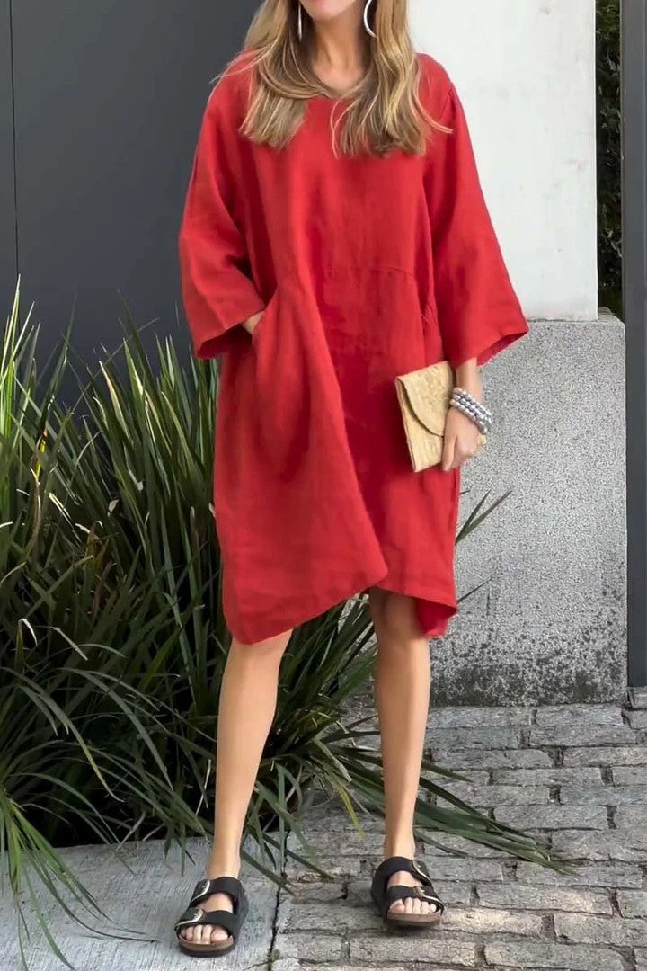 Women’s Dress – Relaxed Fit – Cotton Linen – 3/4 Sleeve – Knee Length – Pockets