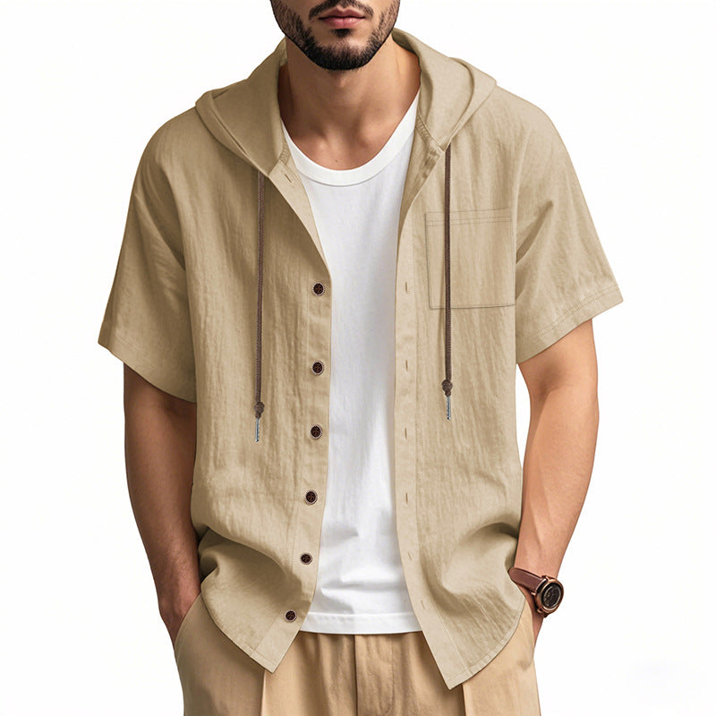 Men’s Hooded Shirt – Linen Blend – Relaxed Fit – Short Sleeve – Button-Up Casual Top