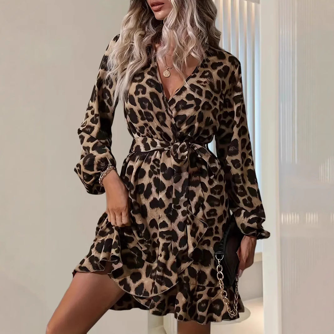 Women’s Wrap Midi Dress – Tailored Fit – V-Neck – Tie Waist – Balloon Sleeve – Leopard Print