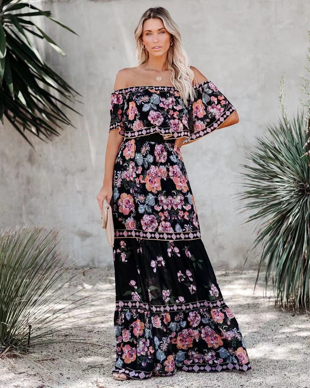 Women’s Maxi Dress – Off-Shoulder Ruffle Neckline – Floral Print – Tiered Skirt – Belted Waist