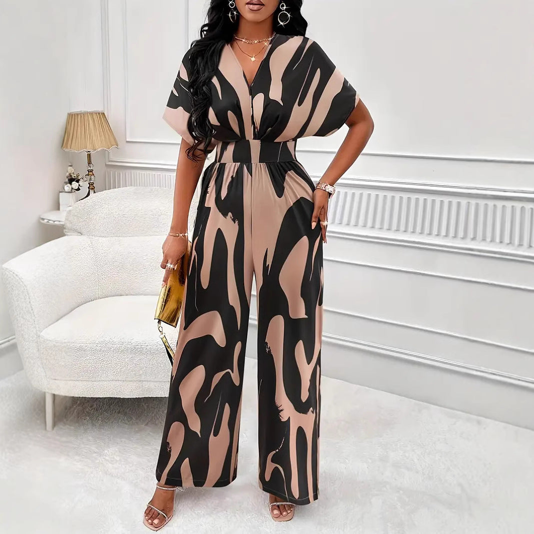 Women’s Jumpsuit – V-Neck – Short Sleeve – Cinched Waist – Wide Leg – Abstract Print