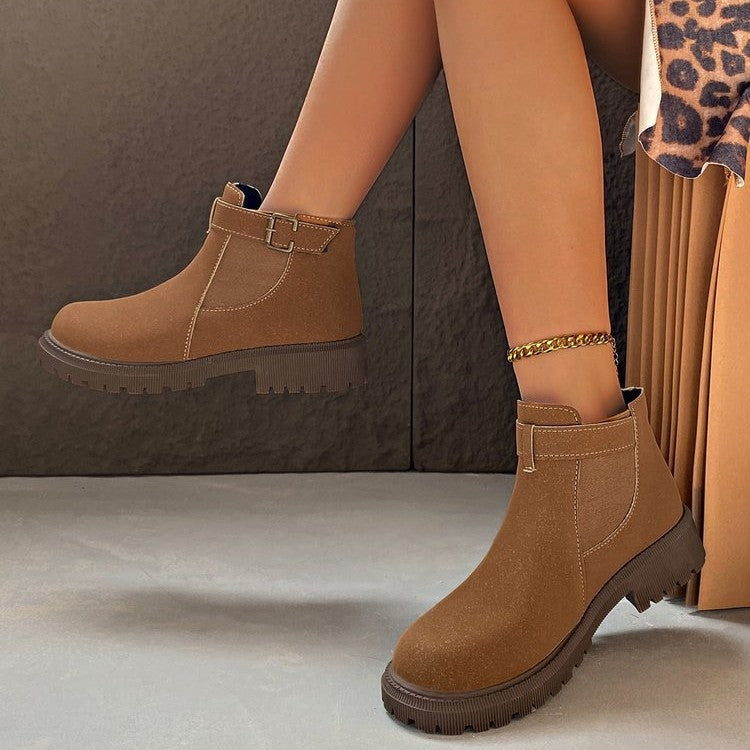 Women’s Ankle Boots – Faux Leather – Chunky Sole – Round Toe – Retro Buckle Detail