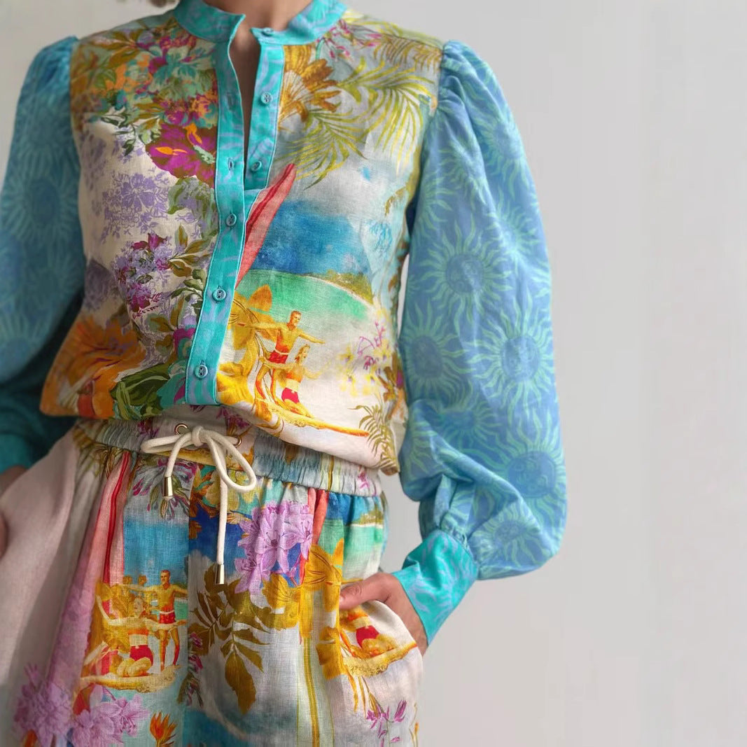 Women’s Linen Shirt and Shorts Set – Relaxed Fit – Button-Up – Drawstring Waist