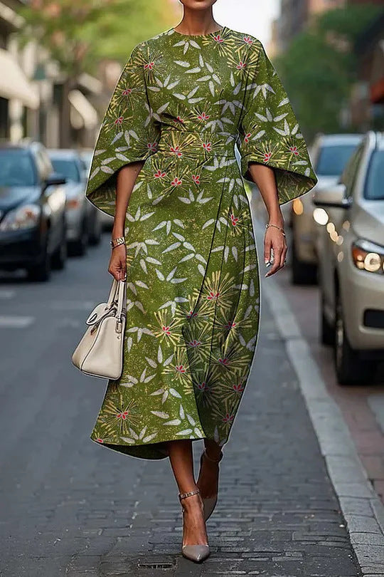 Women’s Midi Dress – A-Line Fit – Kimono Sleeves – Floral Print