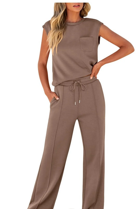 Women’s Two-Piece Set – Sleeveless Top – Drawstring Waist – Relaxed Fit Cotton Blend