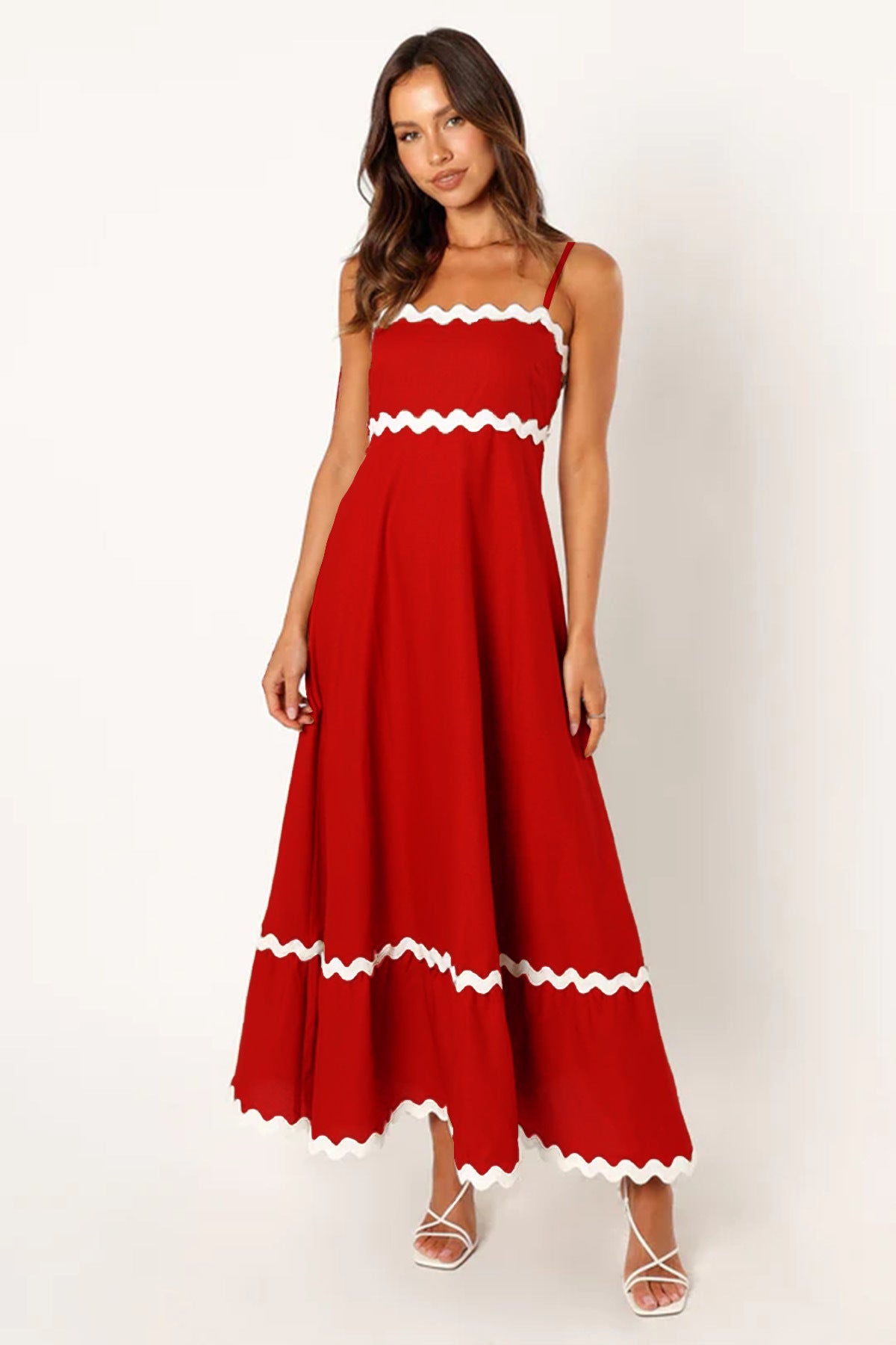 Women’s Long Dress – Slim Fit – Lightweight Cotton – Scalloped Trim – Spaghetti Straps