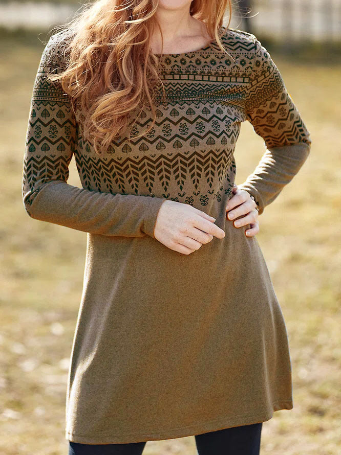 Women’s Long Sleeve Dress – Relaxed Fit – Brushed Fabric – Ethnic Print – Round Neck