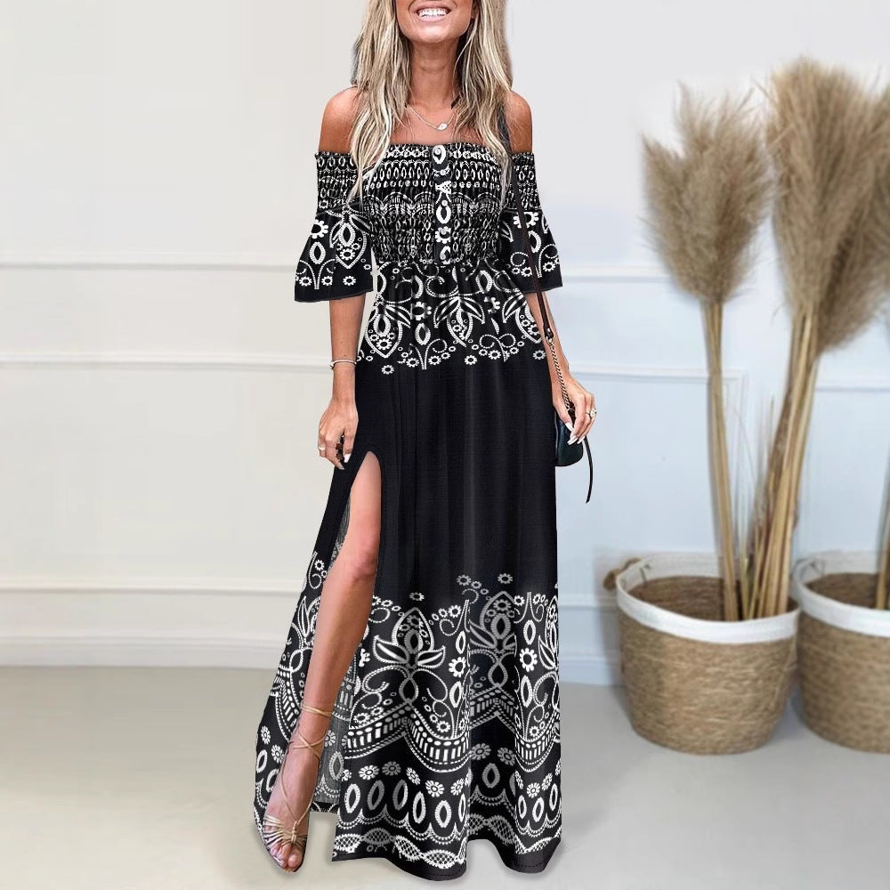 Women’s Maxi Dress – Off-Shoulder – High Slit – Printed – Lightweight Flared Fit