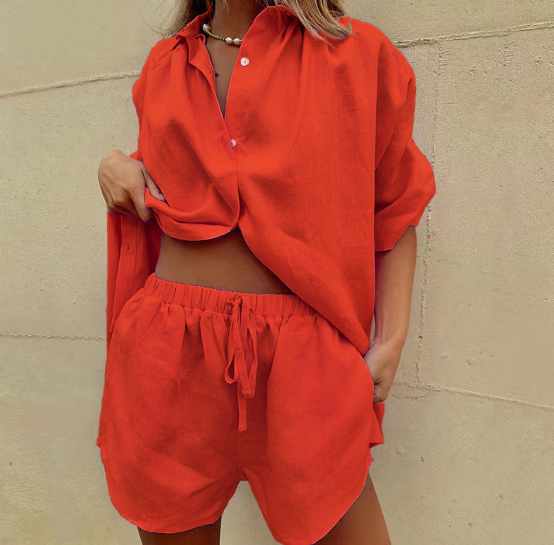 Women’s Two-Piece Set – Lightweight Linen Blend – Relaxed Fit Shirt and Drawstring Shorts