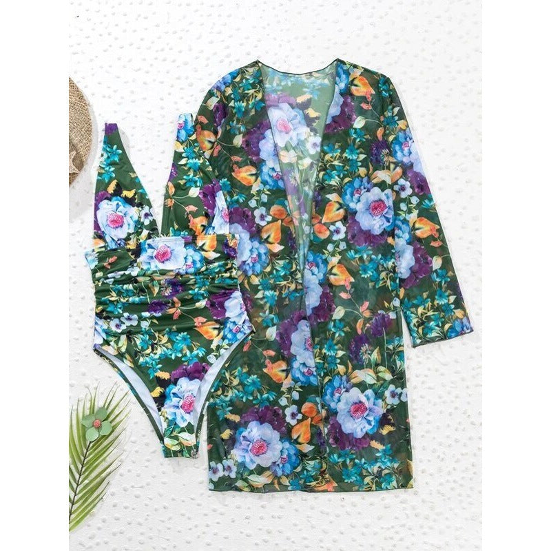Women’s Three-Piece Swimsuit Set – Floral Print – Deep V-Neck – Sheer Long Sleeve Cover-Up