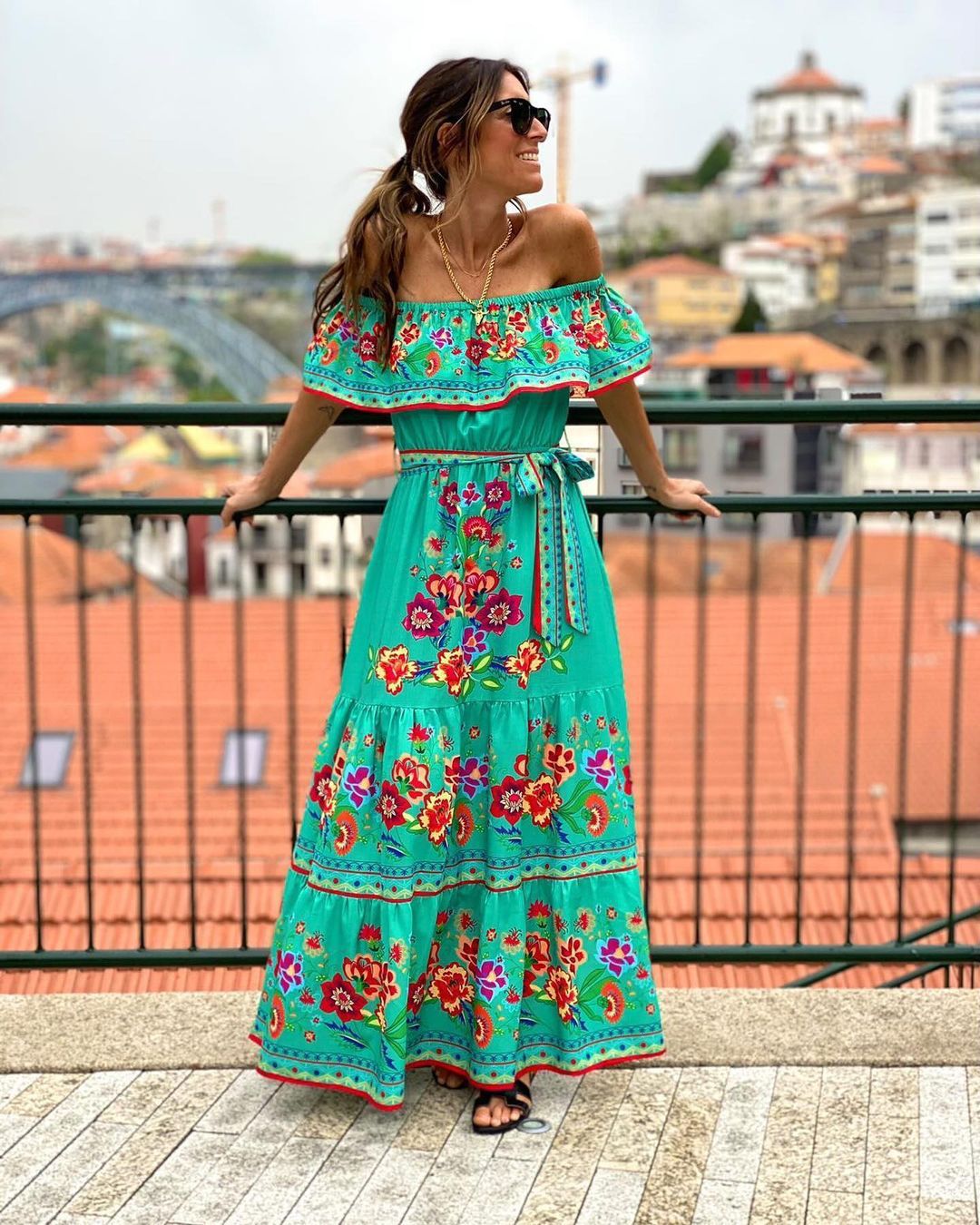 Women’s Maxi Dress – Off-Shoulder Ruffle Top – Floral Print – Cotton Blend – Belted Fit