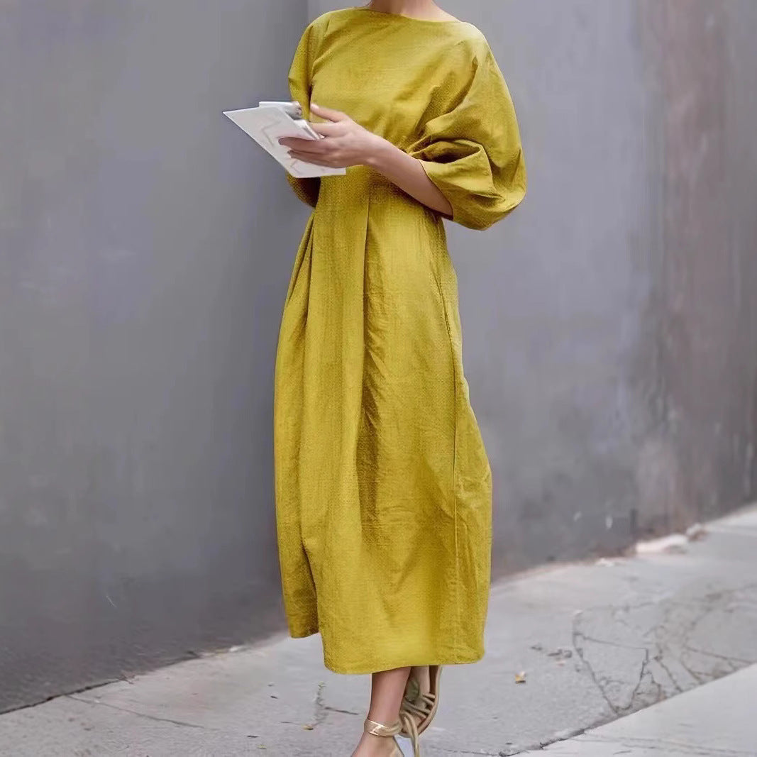 Women’s Long Dress – Puff Sleeve – Loose Fit – Round Neck – Lightweight Casual Wear