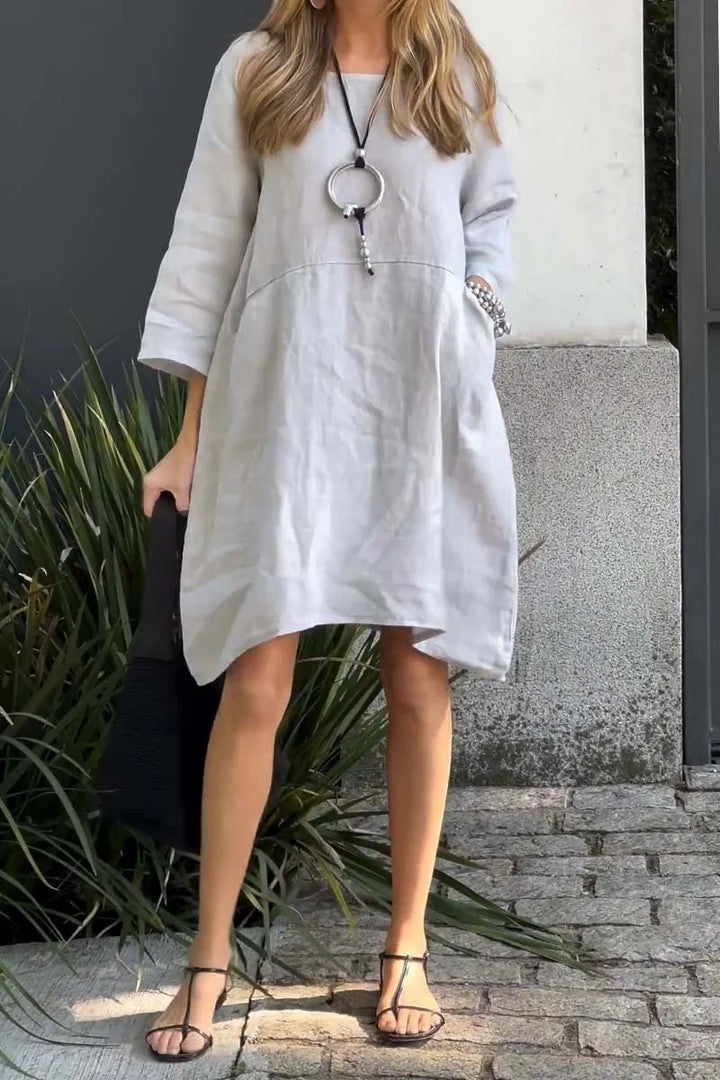 Women’s Dress – Relaxed Fit – Cotton Linen – 3/4 Sleeve – Knee Length – Pockets