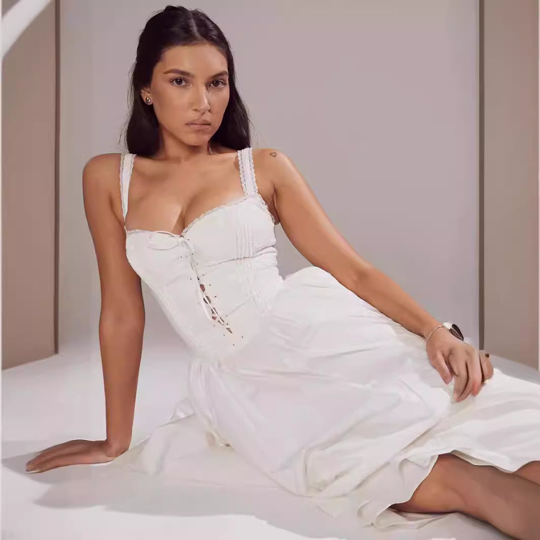 Women’s Midi Dress – Off-Shoulder – Fitted Bodice – Flowing Skirt – Lace Detail