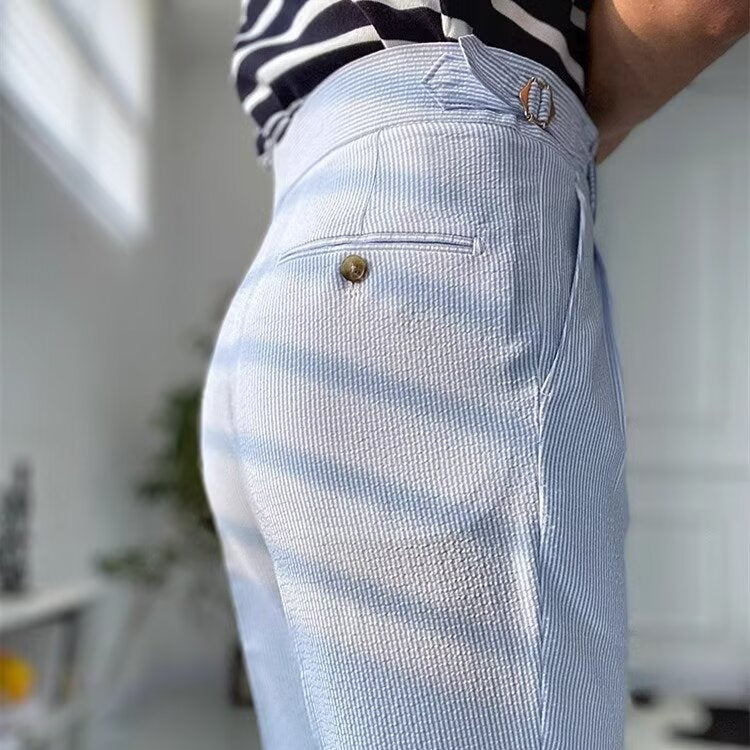Men’s Straight-Leg Trousers – High Waist – Pleated Front – Textured Breathable Fabric