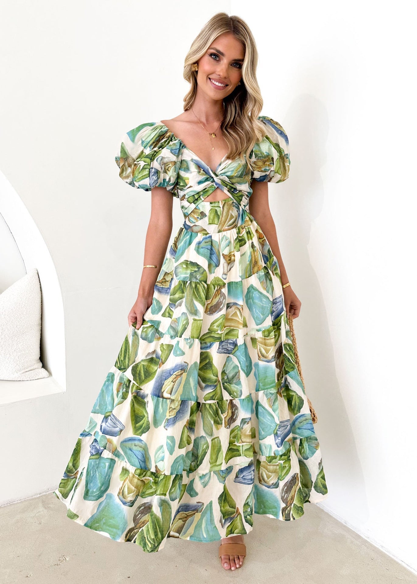 Women’s Maxi Dress – Off-Shoulder – Puff Sleeve – Smocked Waist – Lightweight Printed