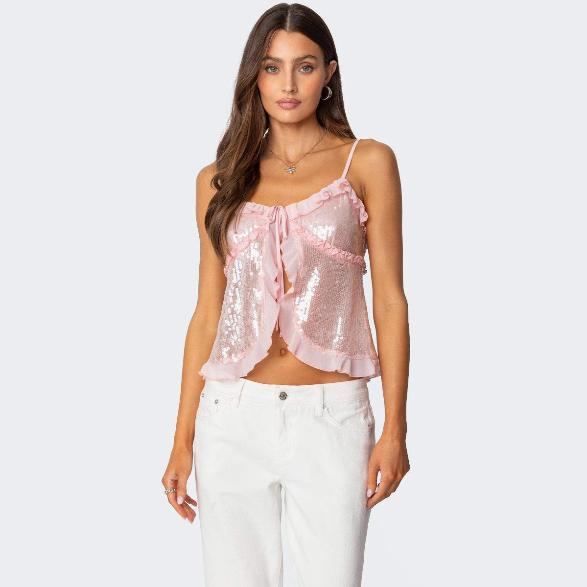 Women’s Halter Crop Top – Sequin Embellished – Fitted Silhouette – Ruffle Trim Bow