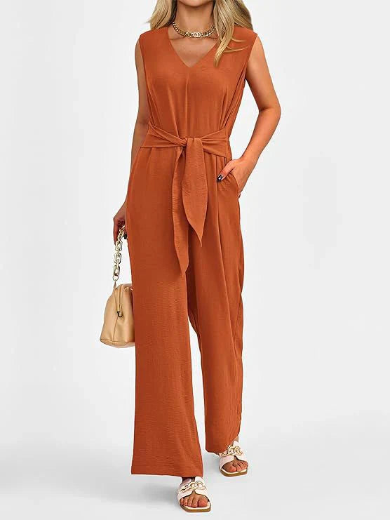 Women’s Jumpsuit – Wide Leg – V-Neck – Waist Tie – Sleeveless Elegant Fit