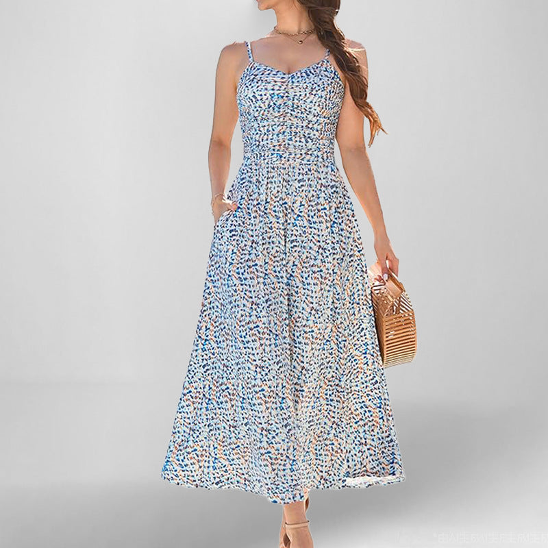 Women’s Sundress – A-Line Midi – Spaghetti Straps – Floral Print – Pockets – Cotton Blend