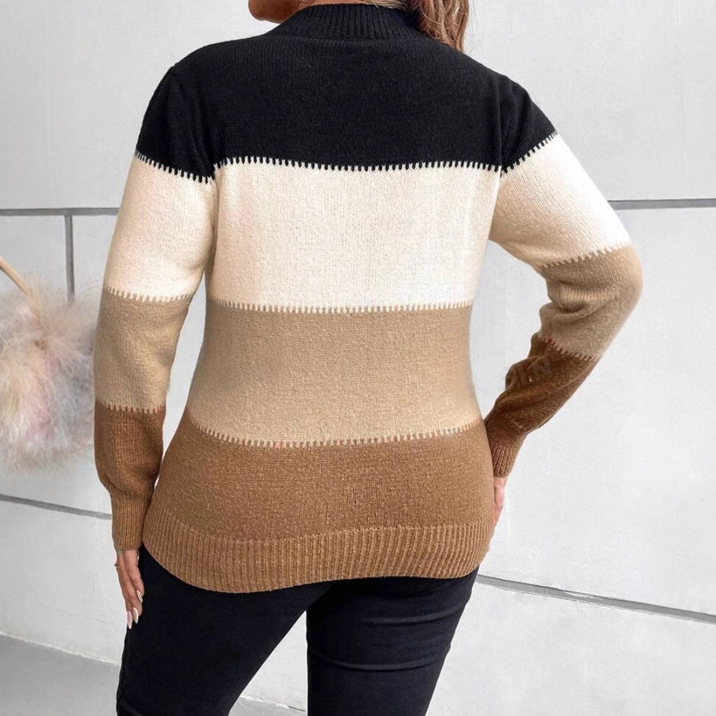 Women’s Crewneck Sweater – Knitted – Relaxed Fit – Long Sleeve – Color Block Design