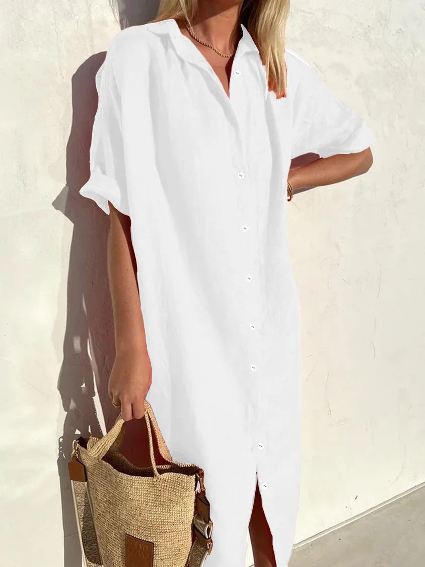 Women’s Shirt Dress – Cotton Linen Blend – Relaxed Fit – Button Down – Midi Length