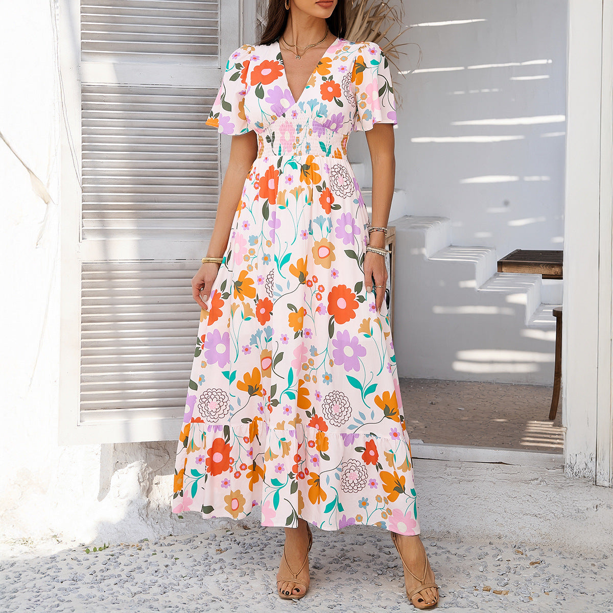 Women’s Maxi Dress – Lightweight Cotton – V-Neck – Relaxed Fit – Short Sleeve – High Waist