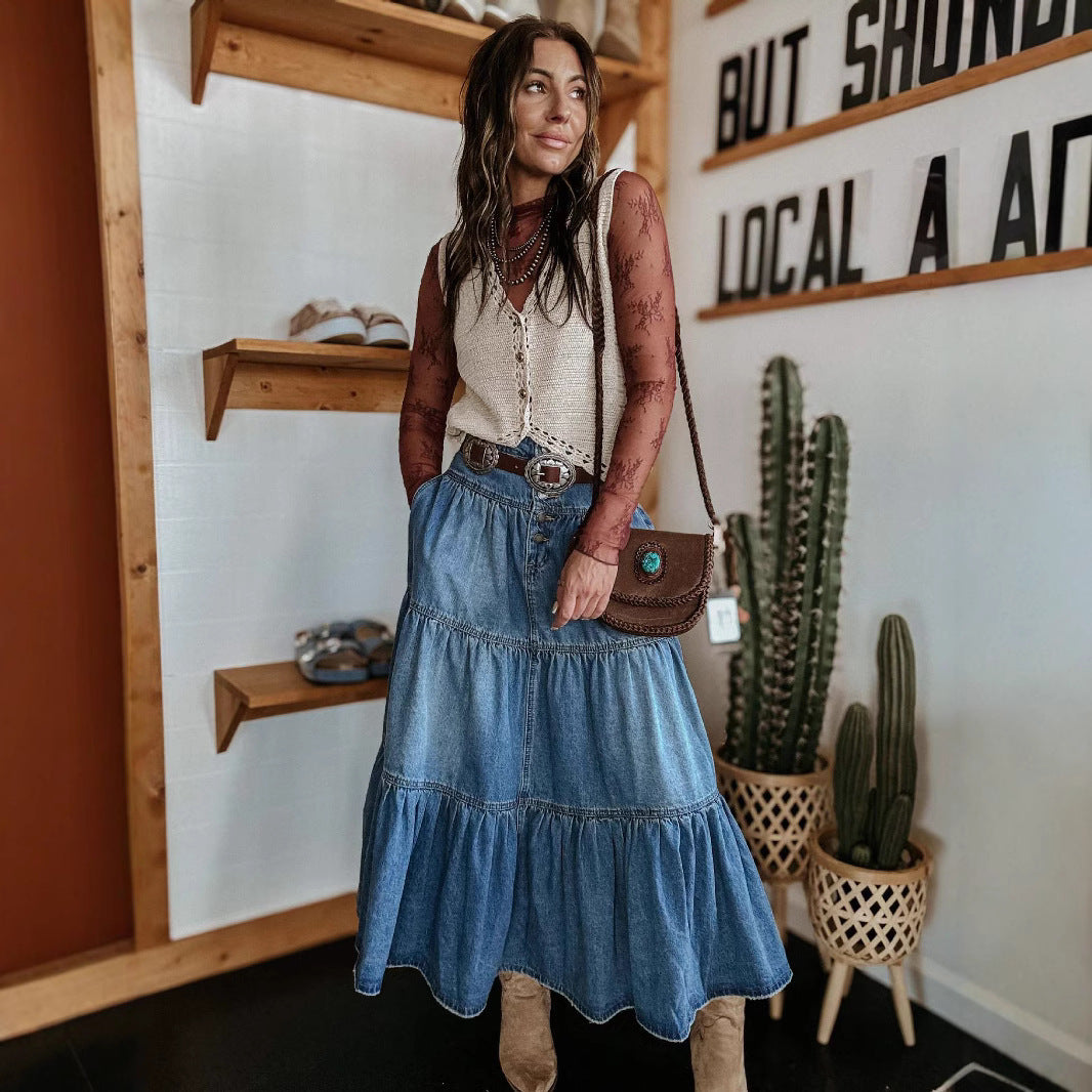 Women’s Denim Skirt – A-Line Fit – Tiered Midi Length – Button Front – Boho Style