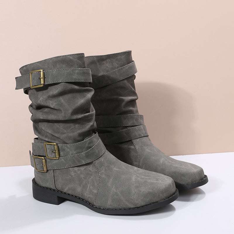 Women’s Mid-Calf Boots – Faux Leather – Buckle Straps – Low Block Heel – Casual Fit