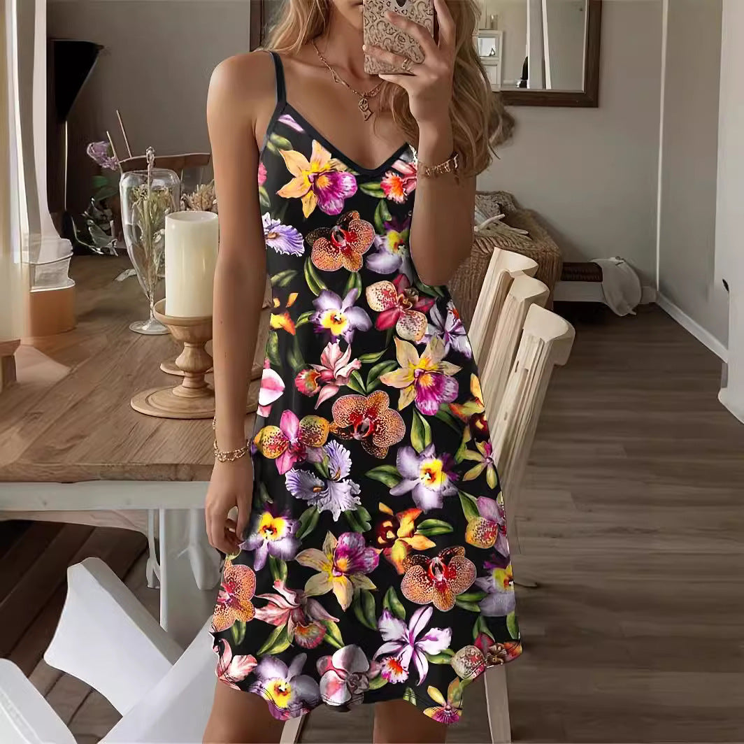 Women’s Mini Dress – A-Line Fit – Spaghetti Straps – V-Neck – Floral Print
