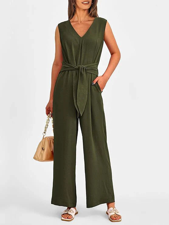 Women’s Jumpsuit – Wide Leg – V-Neck – Waist Tie – Sleeveless Elegant Fit