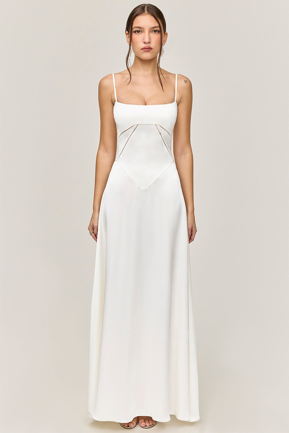 Women’s Evening Gown – Satin A-Line – Spaghetti Straps – Cut-Out Waist – Full Length