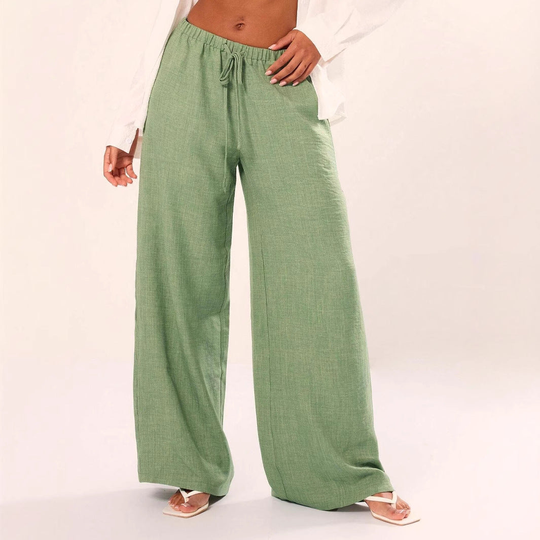 Women’s Wide-Leg Trousers – Linen Blend – Relaxed Fit – Drawstring Waist – Full Length