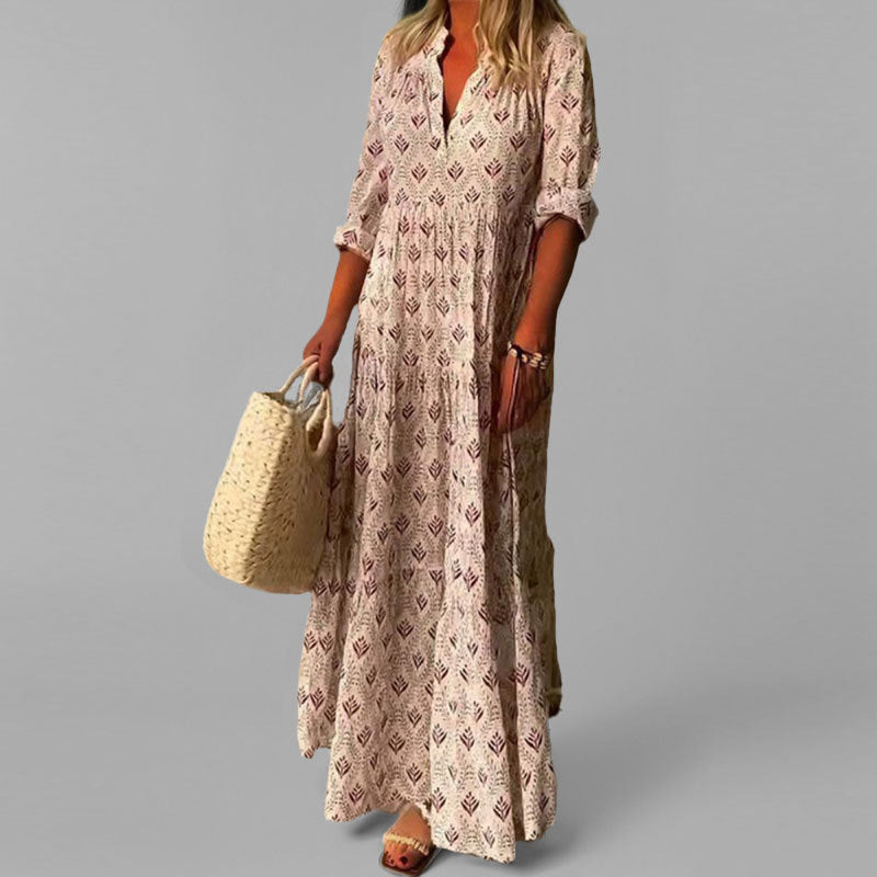 Women’s Maxi Dress – Lightweight Cotton – Loose Fit – V-Neck – Vintage Print – 3/4 Sleeve