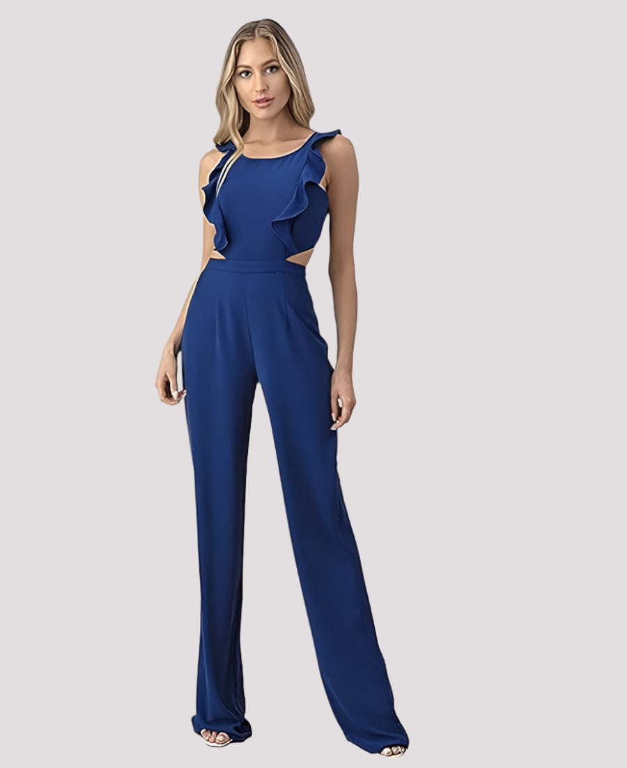 Women’s Jumpsuit – Sleeveless – High Waist – Wide Leg – Ruffle Trim – Cut-Out Detail