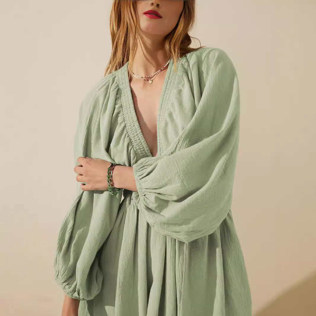 Women’s Mini Dress – Cotton Linen Blend – V-Neck – Long Sleeve – Relaxed Fit