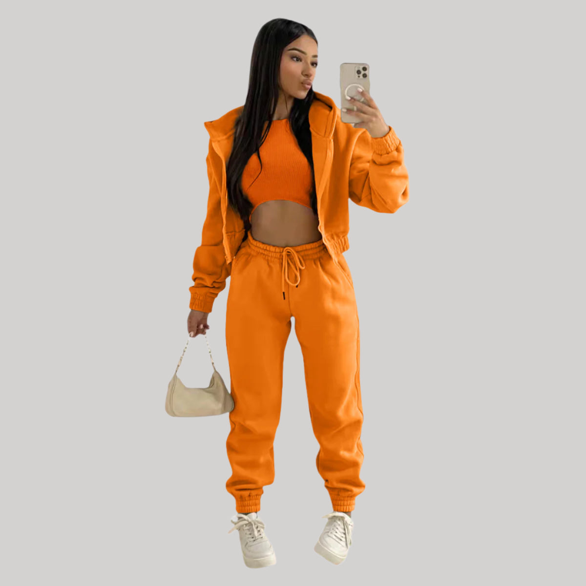 Women’s Tracksuit – 3 Piece Lounge Set – Crop Top – Zip Up Hoodie – Jogger Pants
