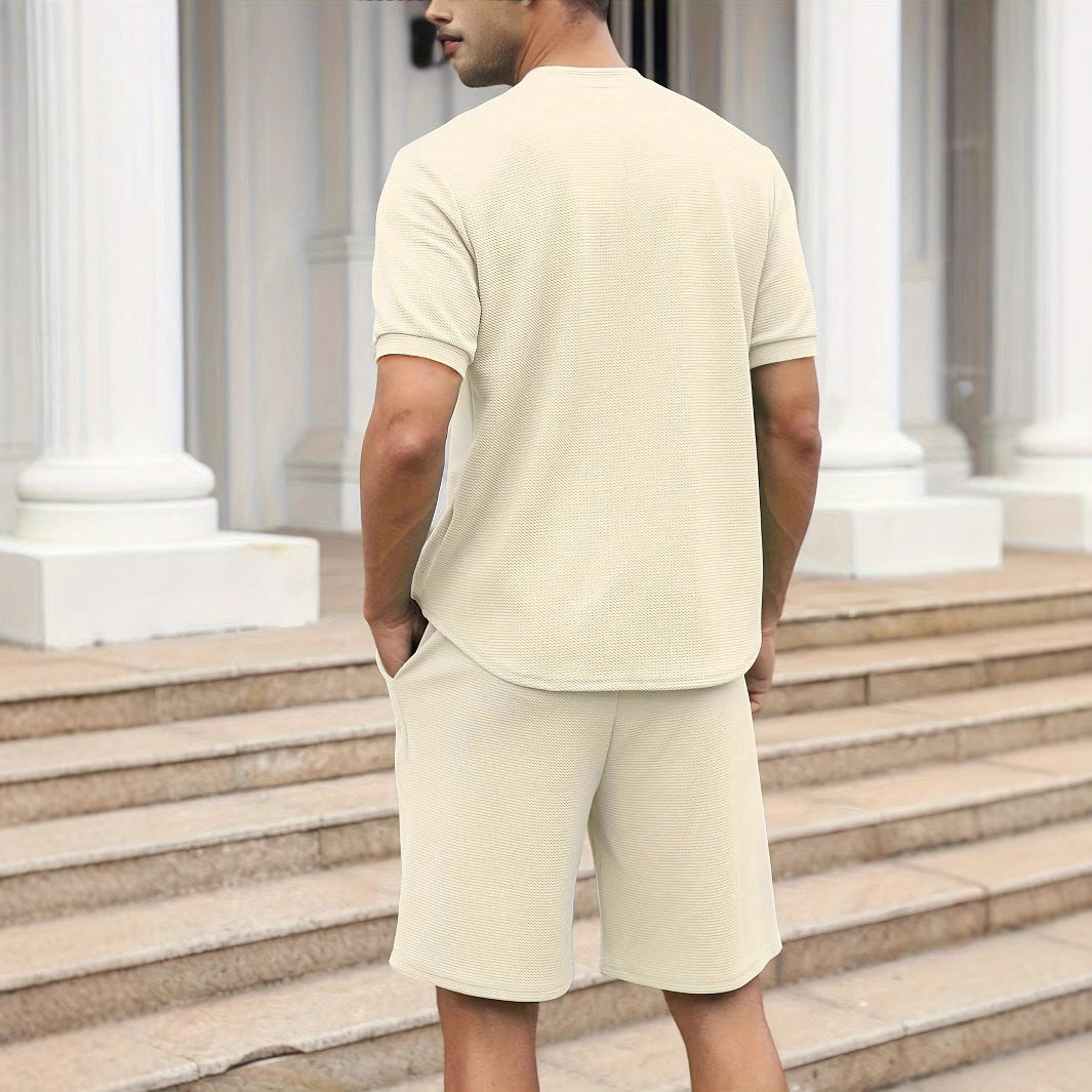Men’s Zip-Up Top and Shorts Set – Waffle Knit – Relaxed Fit – Breathable Casual Wear