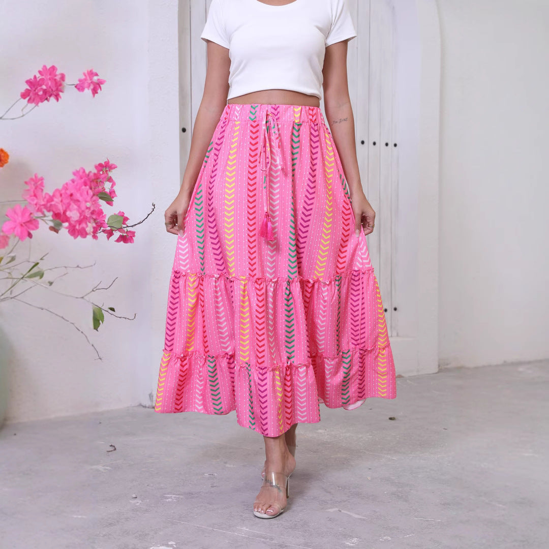 Women’s Maxi Skirt – Lightweight Cotton Blend – Tiered Boho Design – Drawstring Waist