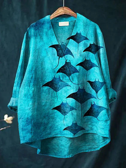 Women’s Long Sleeve Shirt – Relaxed Fit – V-Neck – Digital Print