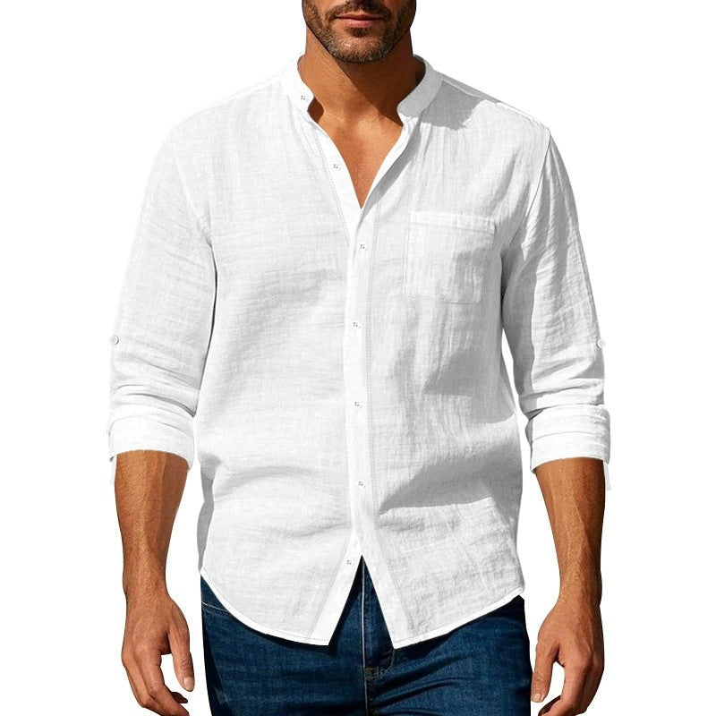 Men’s Long Sleeve Shirt – Relaxed Fit – Linen – Band Collar – Button Tab Sleeves