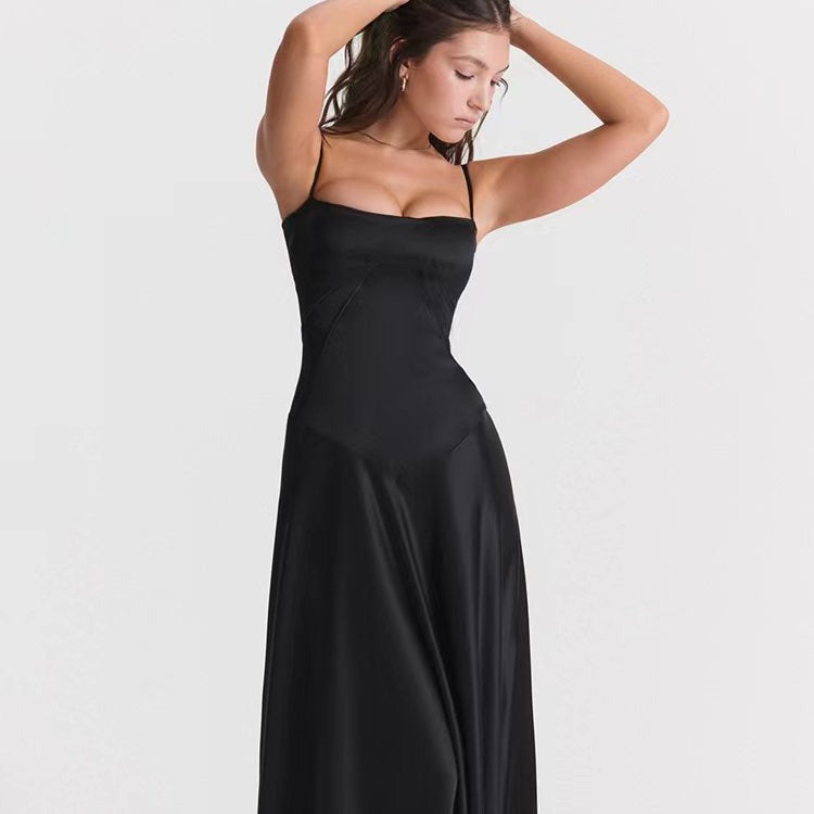 Women’s Evening Dress – Satin Finish – Slim Fit – Spaghetti Strap – Open Back Gown