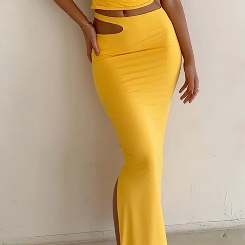 Women’s One Shoulder Top and Midi Skirt Set – Slim Fit – Cut-Out Waist – Ruched Detail
