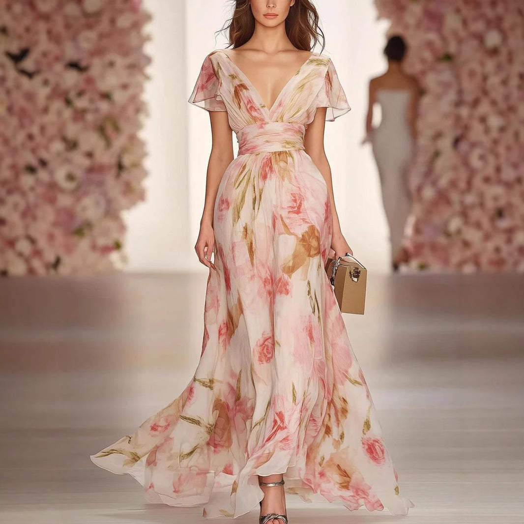 Women’s Maxi Dress – Fit and Flare – Deep V-Neck – Flutter Sleeve Floral Gown